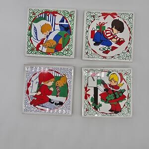 Vintage Jasco Lot of 4 Tile Trivets Christmas Girl at Mailbox Boy Praying Taiwan